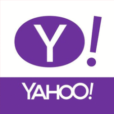 The image shows a purple Yahoo! logo with a large "Y!" inside a purple oval on a white background, above the word "YAHOO!" in white text on a purple background.